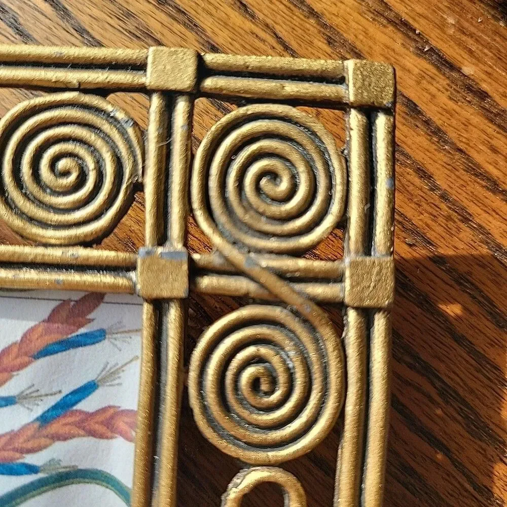 Vtg picture frame features ornate openwork metal hieroglyph antiqued gilt boho